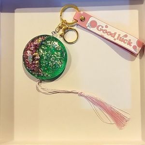 Handmade resin keychain green and pink